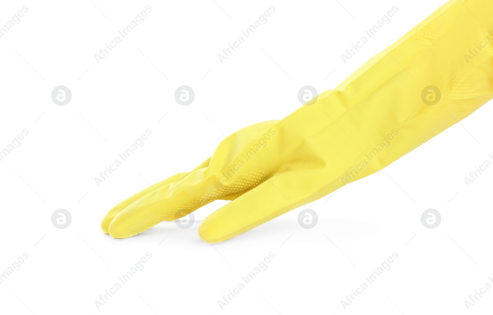 Photo of Person in rubber glove on white background, closeup of hand