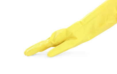 Photo of Person in rubber glove on white background, closeup of hand