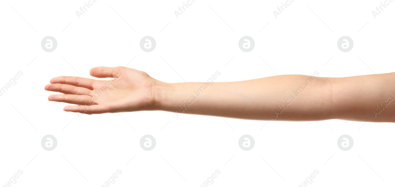 Photo of Young woman holding something on white background, closeup