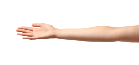 Photo of Young woman holding something on white background, closeup