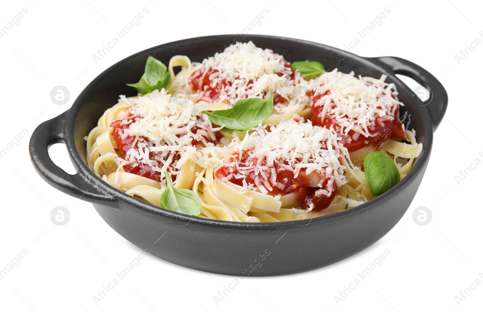 Photo of Delicious pasta with tomato sauce, basil and parmesan cheese isolated on white