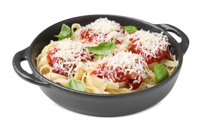Delicious pasta with tomato sauce, basil and parmesan cheese isolated on white