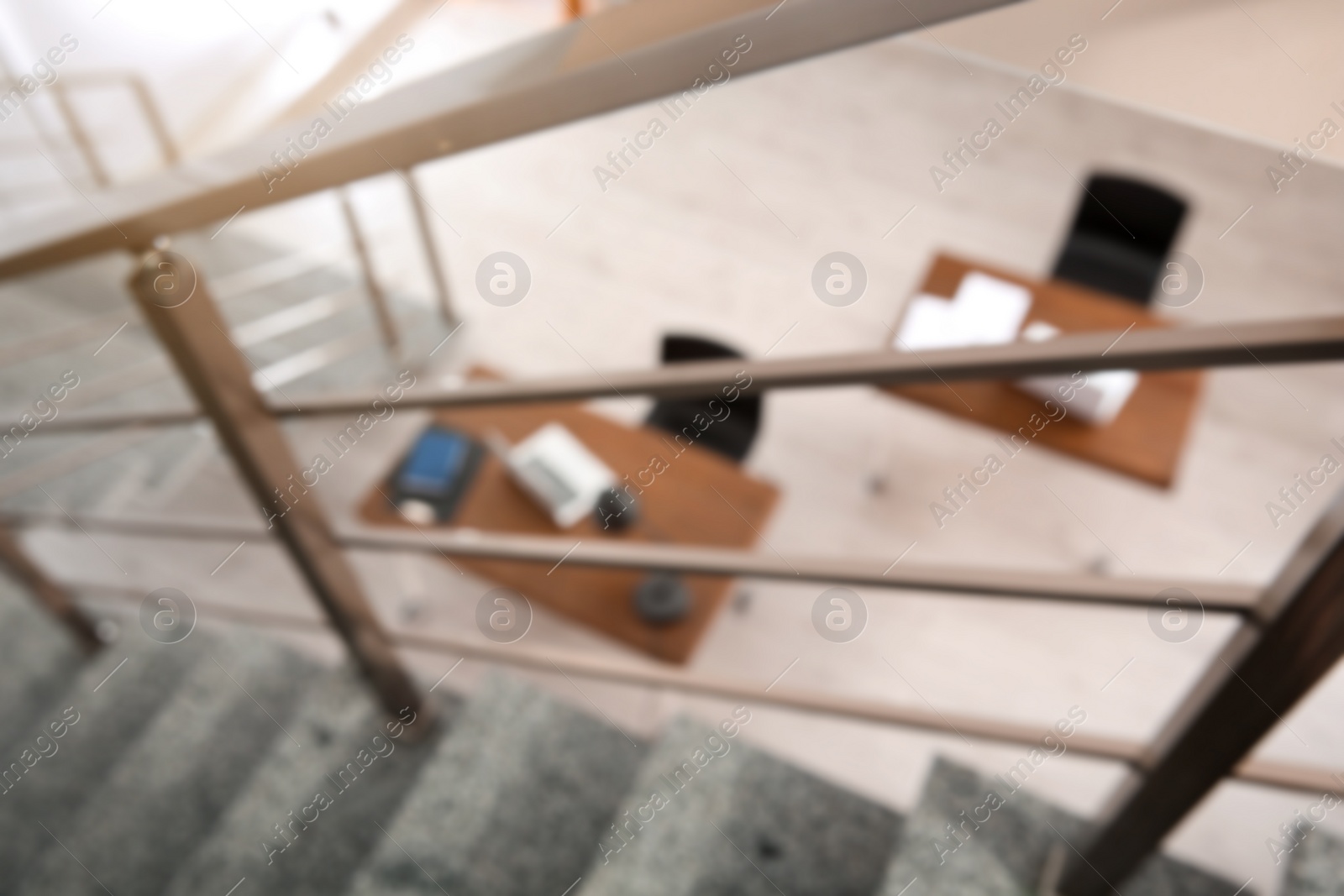 Photo of Modern brightly lit office with bokeh effect, above view