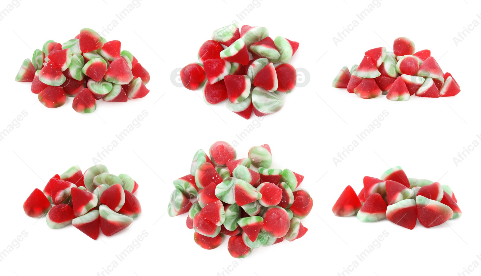 Image of Collage with watermelon gummy candies on white background. Jelly sweet