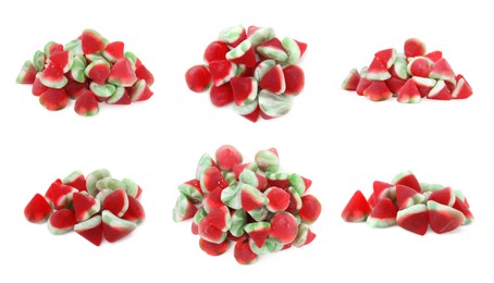 Image of Collage with watermelon gummy candies on white background. Jelly sweet