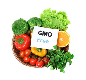 Photo of Tasty fresh GMO free products and paper card on white background, above view