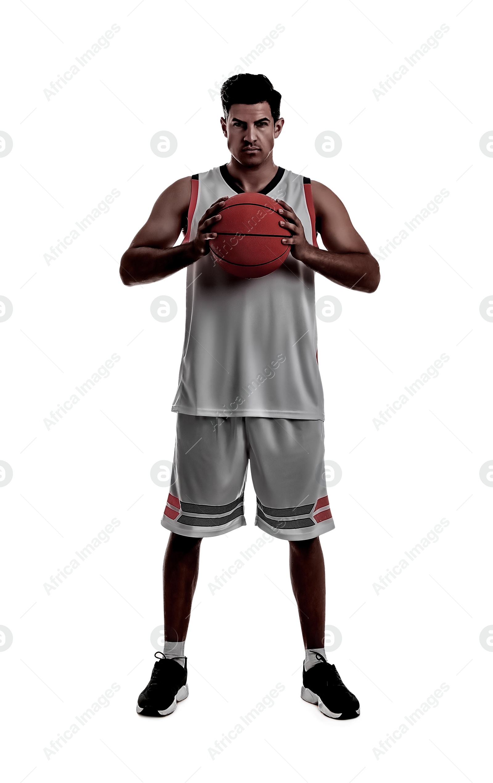 Image of Silhouette of basketball player with ball on white background