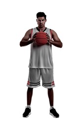 Silhouette of basketball player with ball on white background