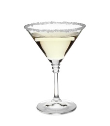 Photo of Glass of classic martini cocktail on white background