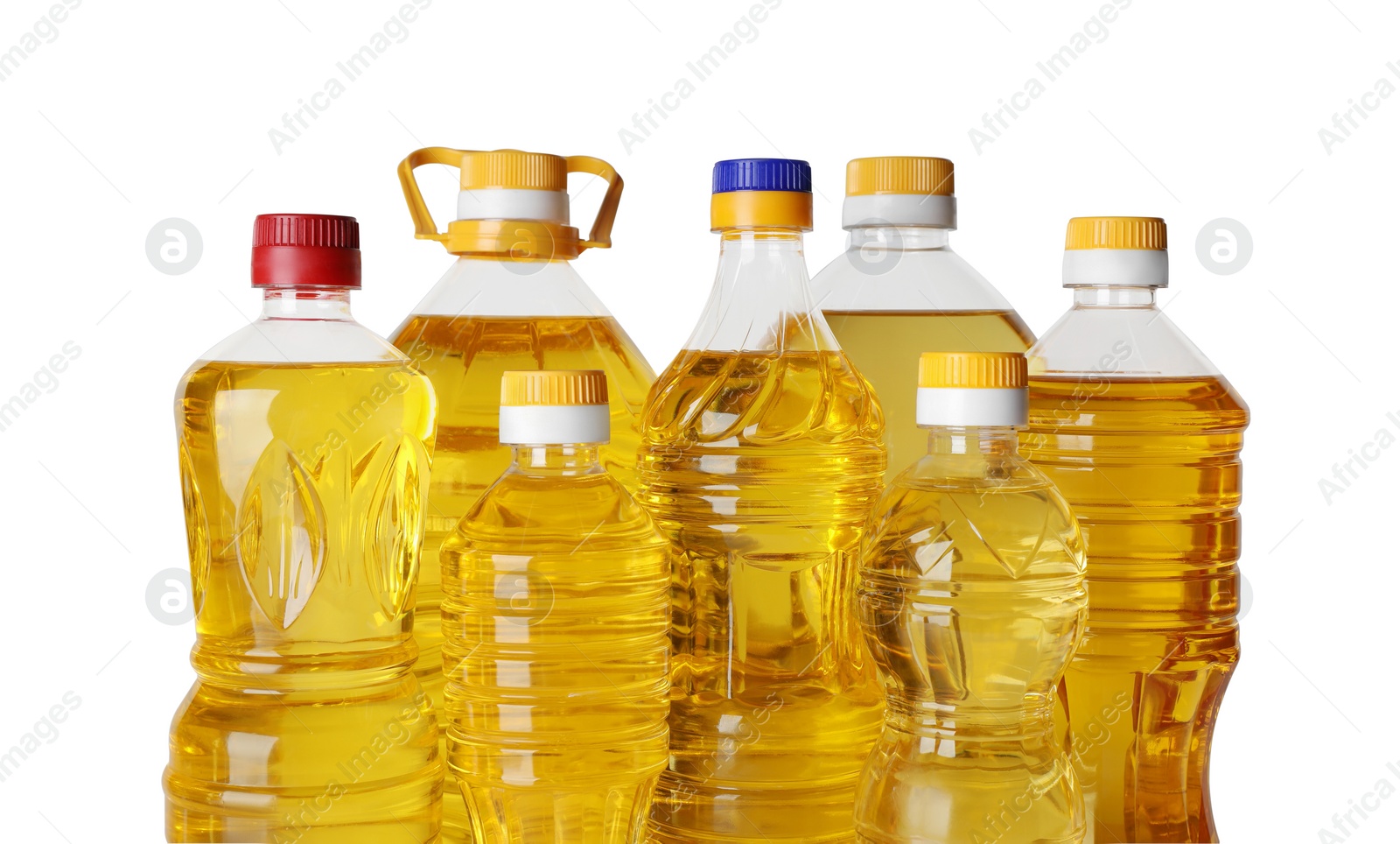 Photo of Bottles of cooking oil on white background