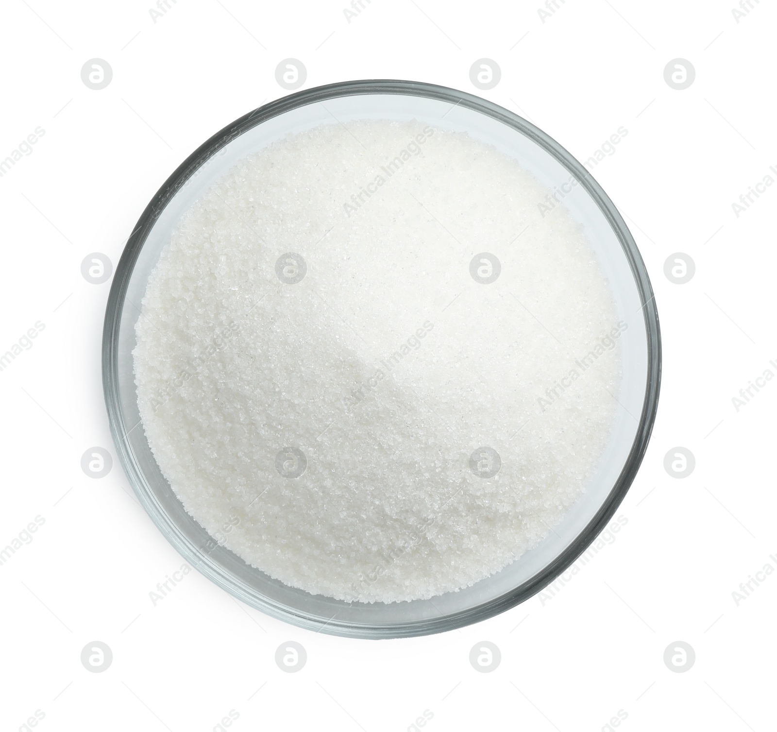 Photo of Granulated sugar in bowl isolated on white, top view