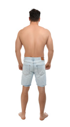 Photo of Shirtless man on white background, back view