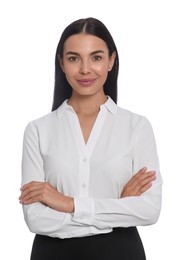 Photo of Portrait of hostess in uniform on white background