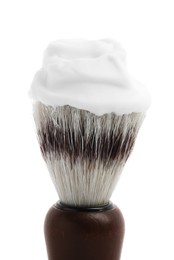 Photo of Shaving brush with foam isolated on white
