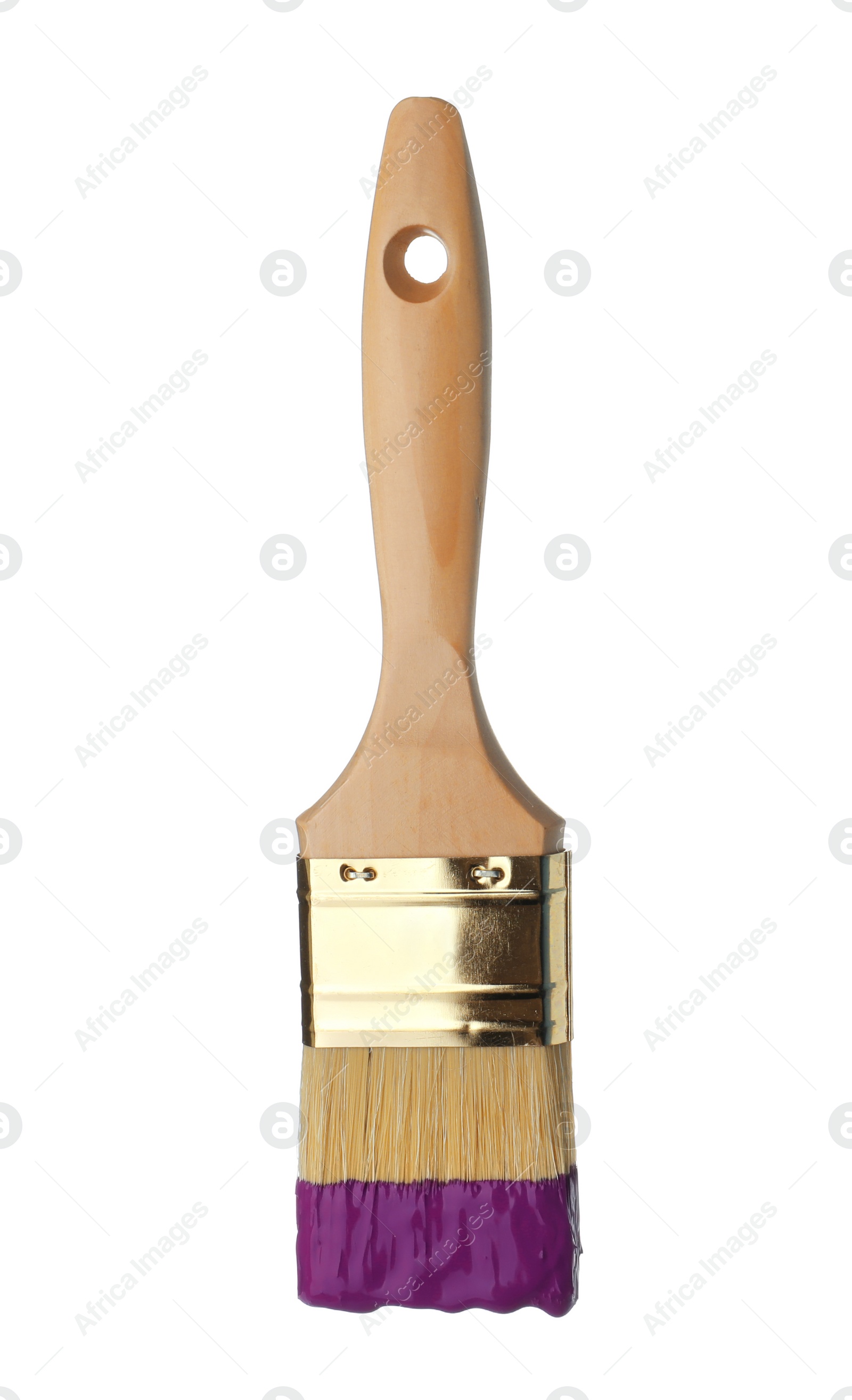 Photo of Brush with purple paint on white background
