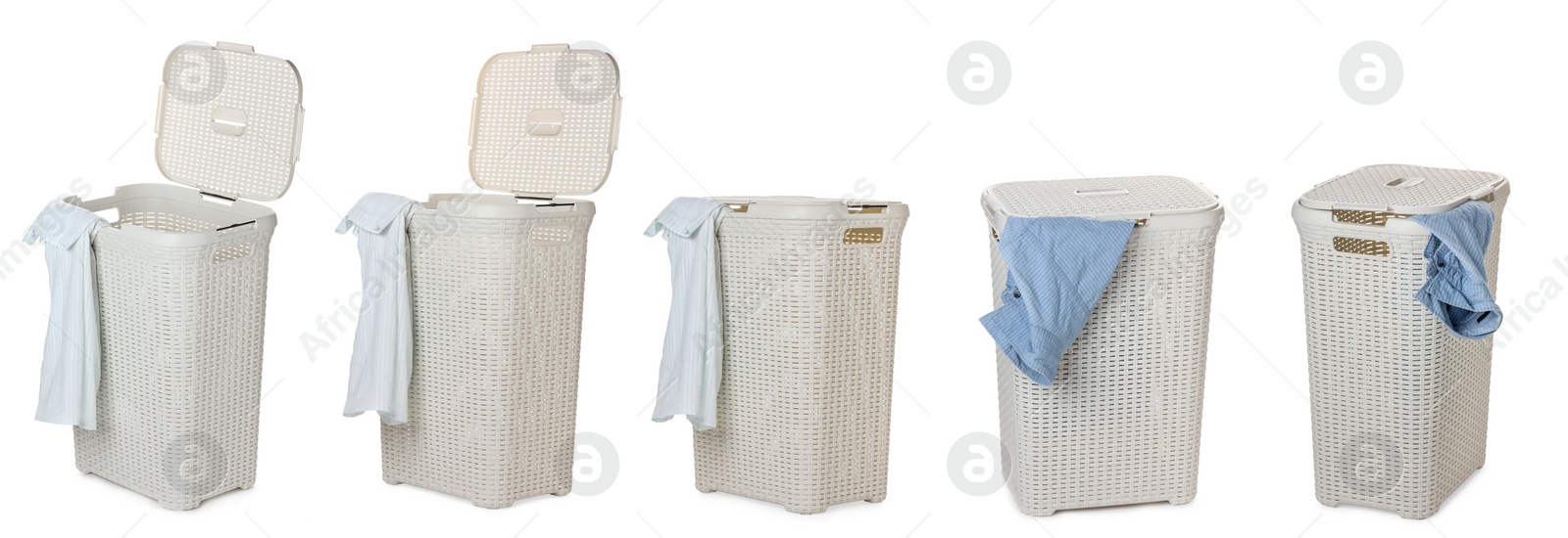 Beige laundry basket on white background, view from different sides. Banner design Image of Beige laundry basket on white background, view from different sides. Banner design
