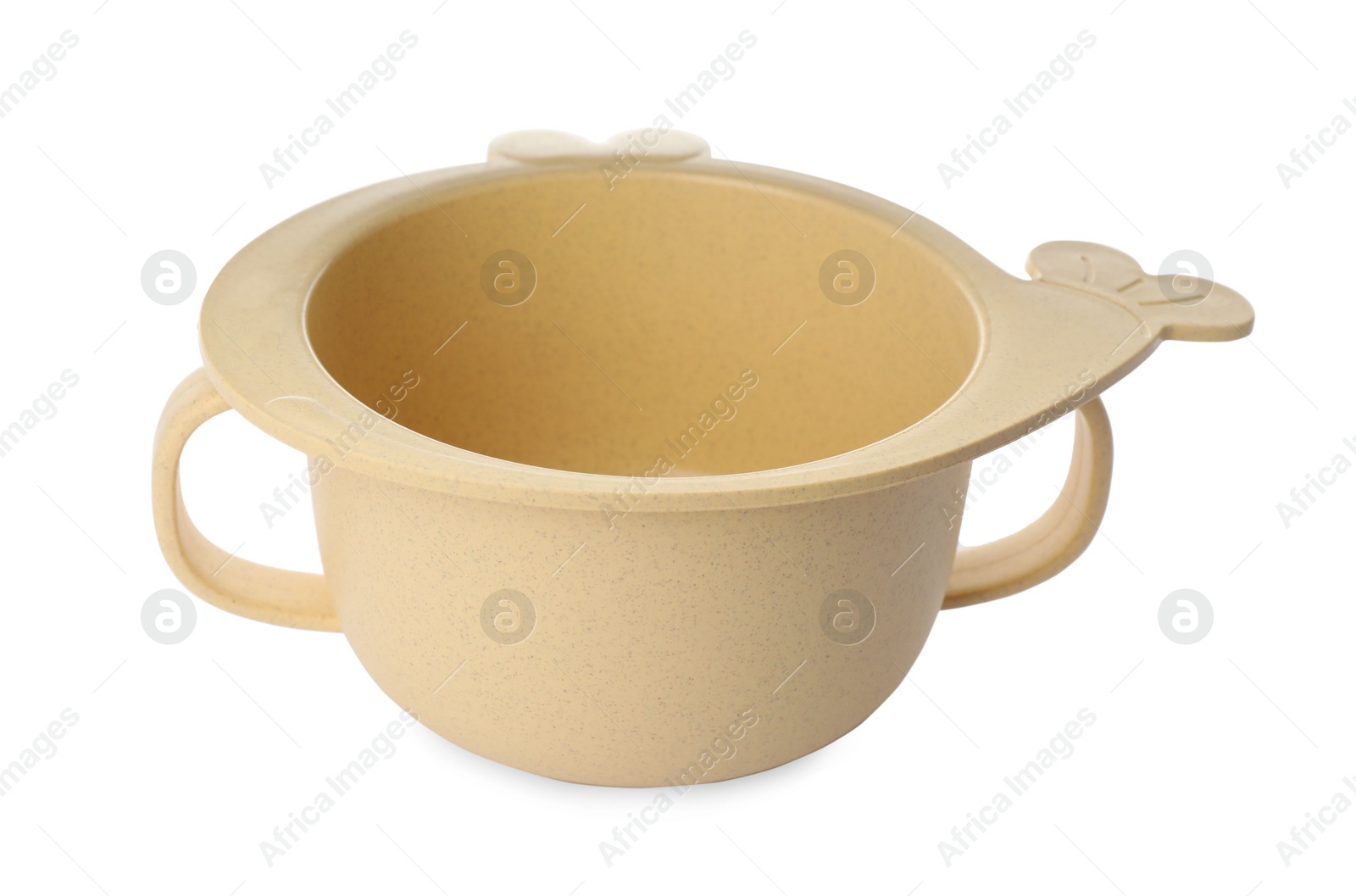 Photo of Plastic cup on white background. Serving baby food