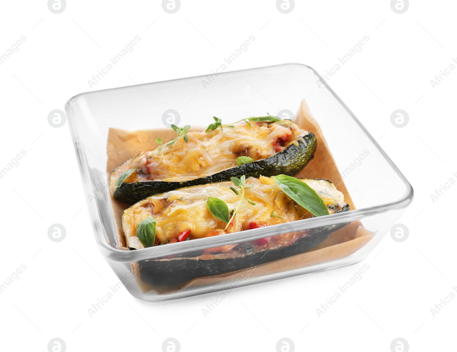 Photo of Tasty baked stuffed zucchini on white background