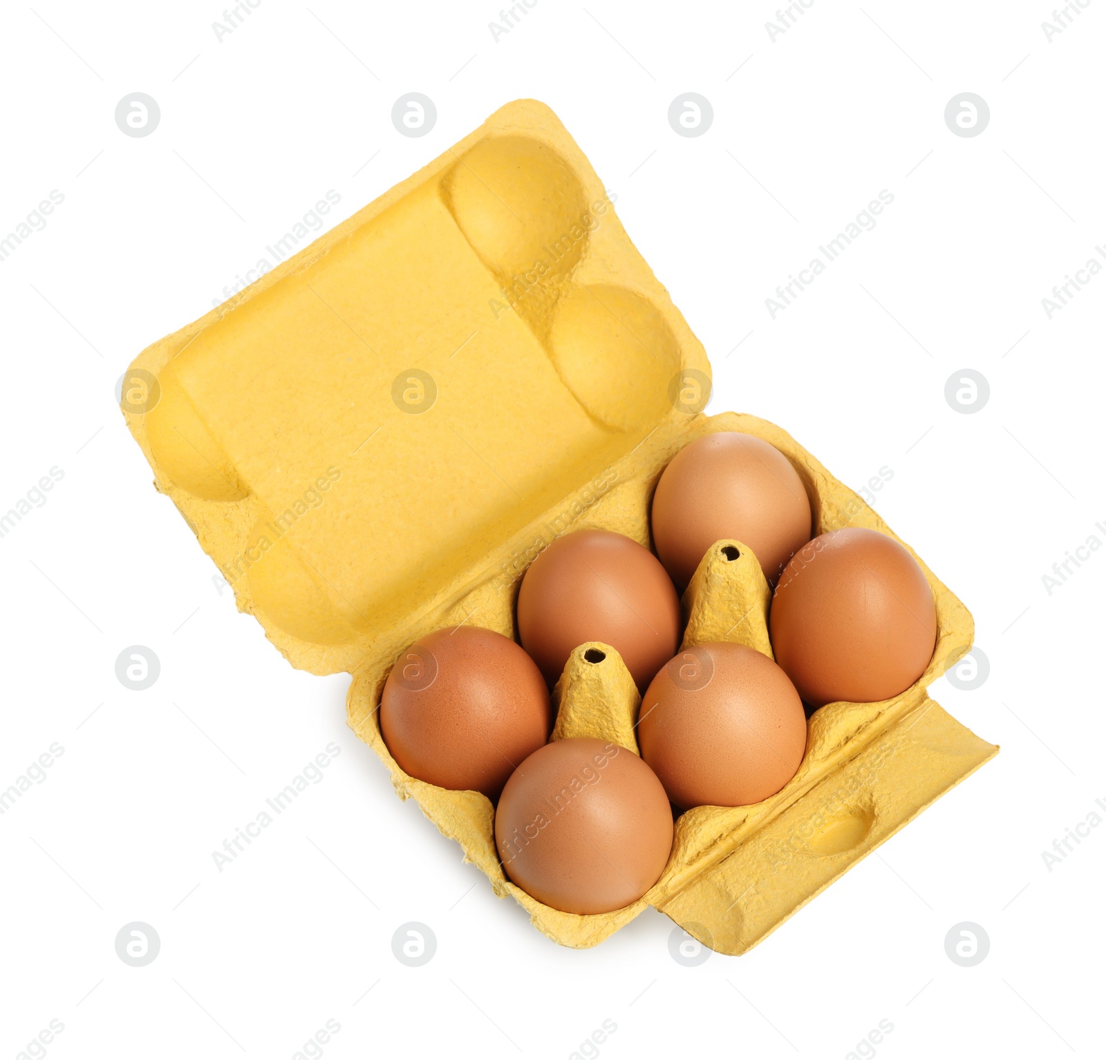 Photo of Chicken eggs in carton isolated on white