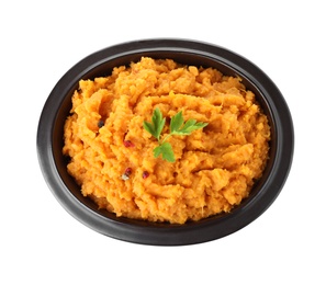 Bowl with mashed sweet potatoes on white background, top view