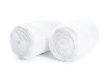 Photo of Soft clean cotton rolls on white background