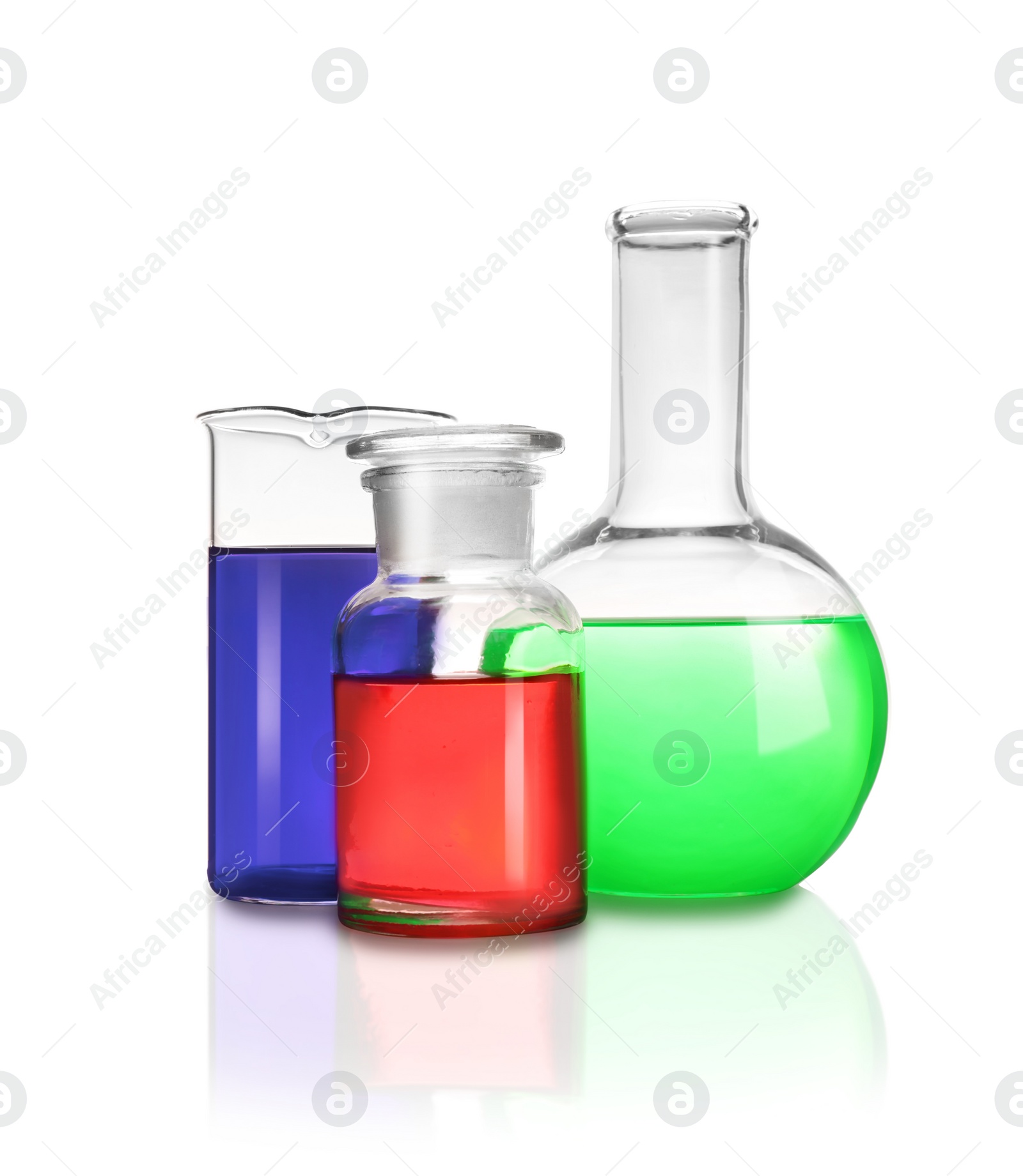 Photo of Laboratory glassware with different samples on white background. Solution chemistry