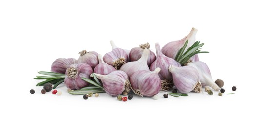 Photo of Fresh garlic bulbs, peppercorns and rosemary isolated on white