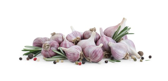 Fresh garlic bulbs, peppercorns and rosemary isolated on white