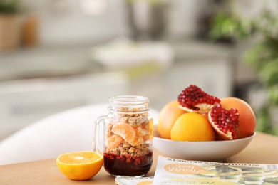 Photo of Healthy breakfast served on table at home. Fitness diet