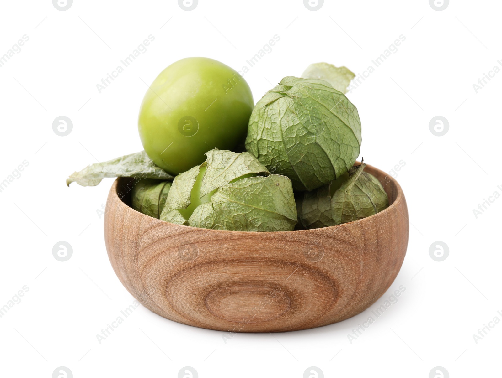 Photo of Bowl of fresh green tomatillos with husk isolated on white