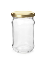 Photo of Closed empty glass jar isolated on white