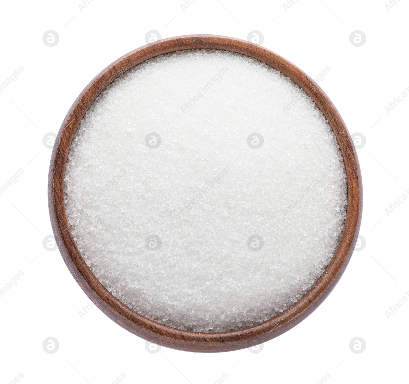 Photo of Granulated sugar in wooden bowl isolated on white, top view