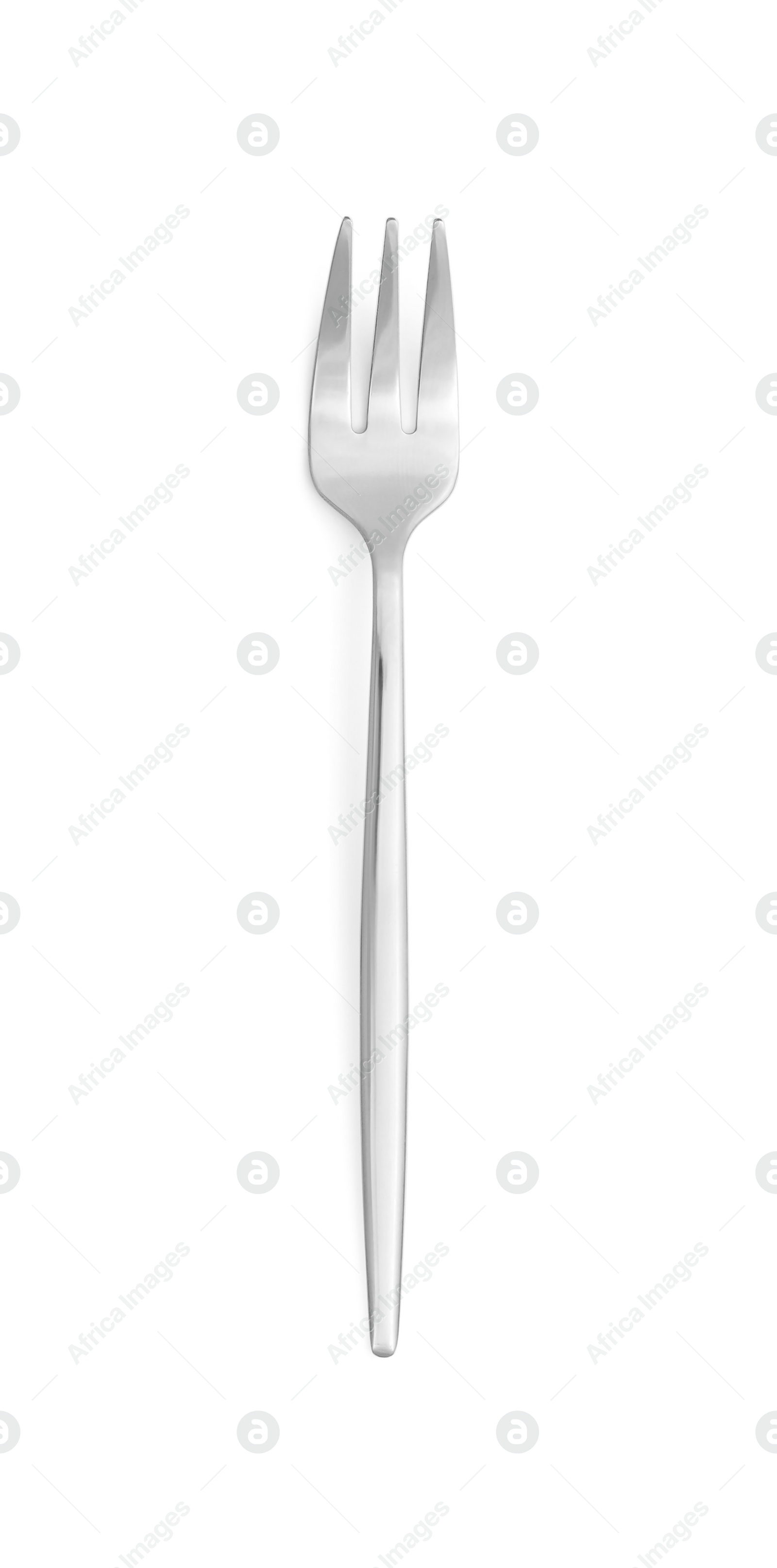 Photo of One new shiny dessert fork isolated on white, top view