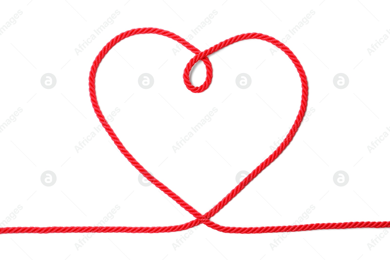 Photo of Heart made of red rope on white background, top view with space for text