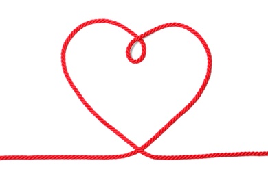 Heart made of red rope on white background, top view with space for text