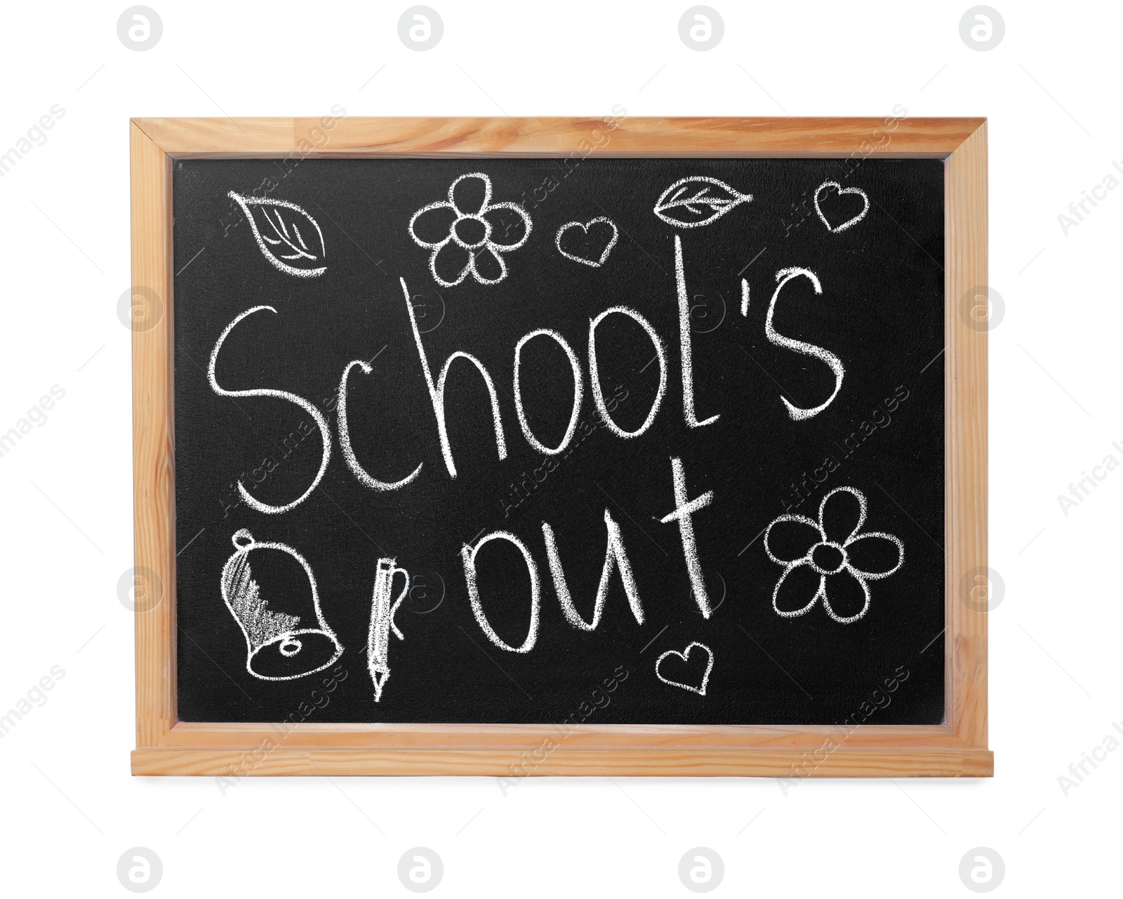 Photo of Blackboard with words School's Out and pictures isolated on white. Summer holidays