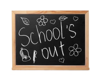 Photo of Blackboard with words School's Out and pictures isolated on white. Summer holidays