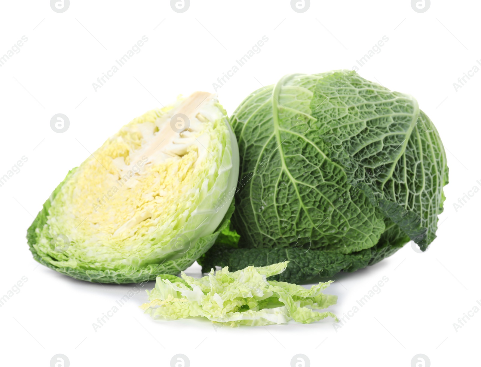 Photo of Fresh green savoy cabbages on white background