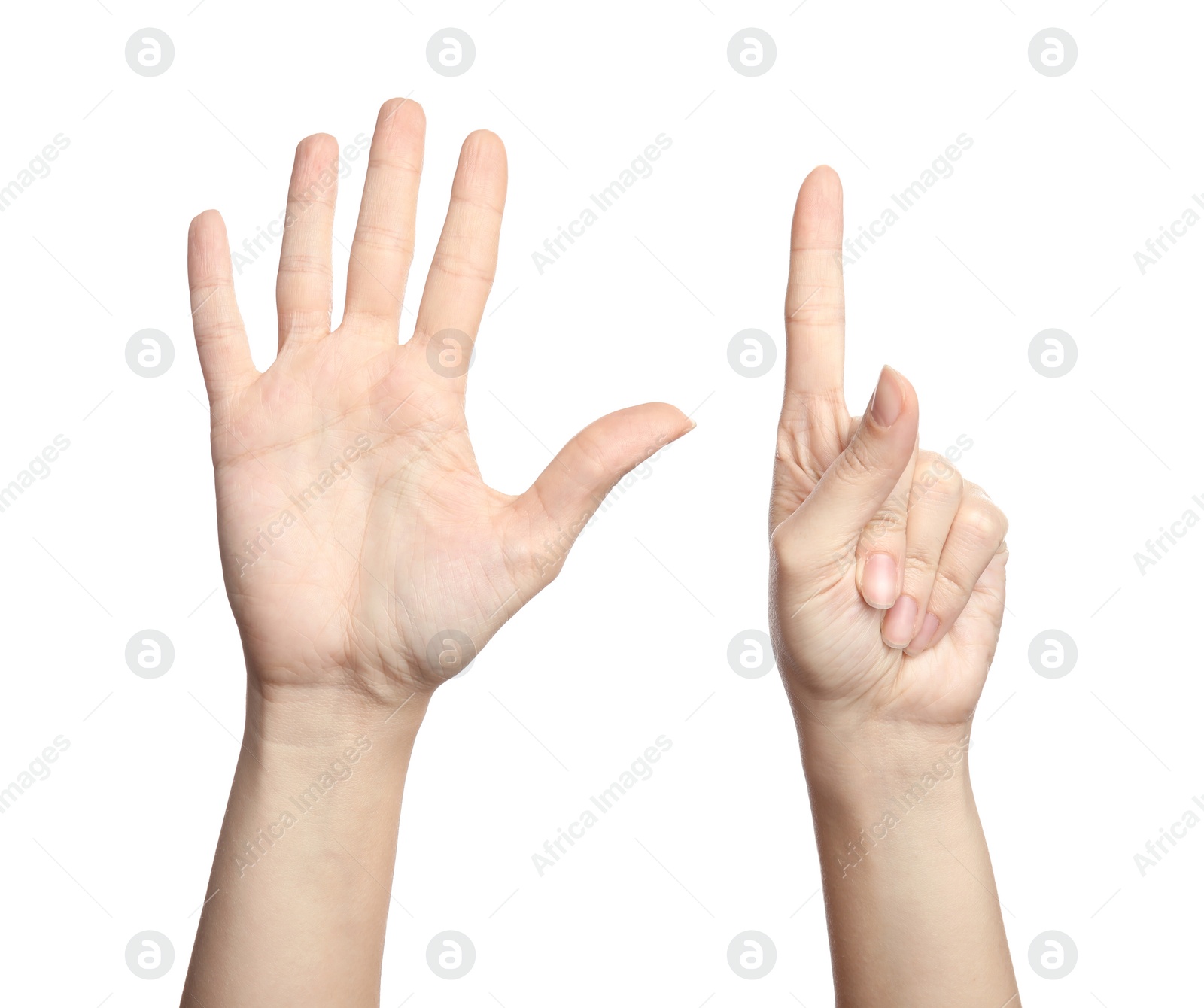 Photo of Woman showing sign six on white background, closeup. Body language