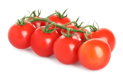 Photo of Fresh ripe cherry tomatoes on white background