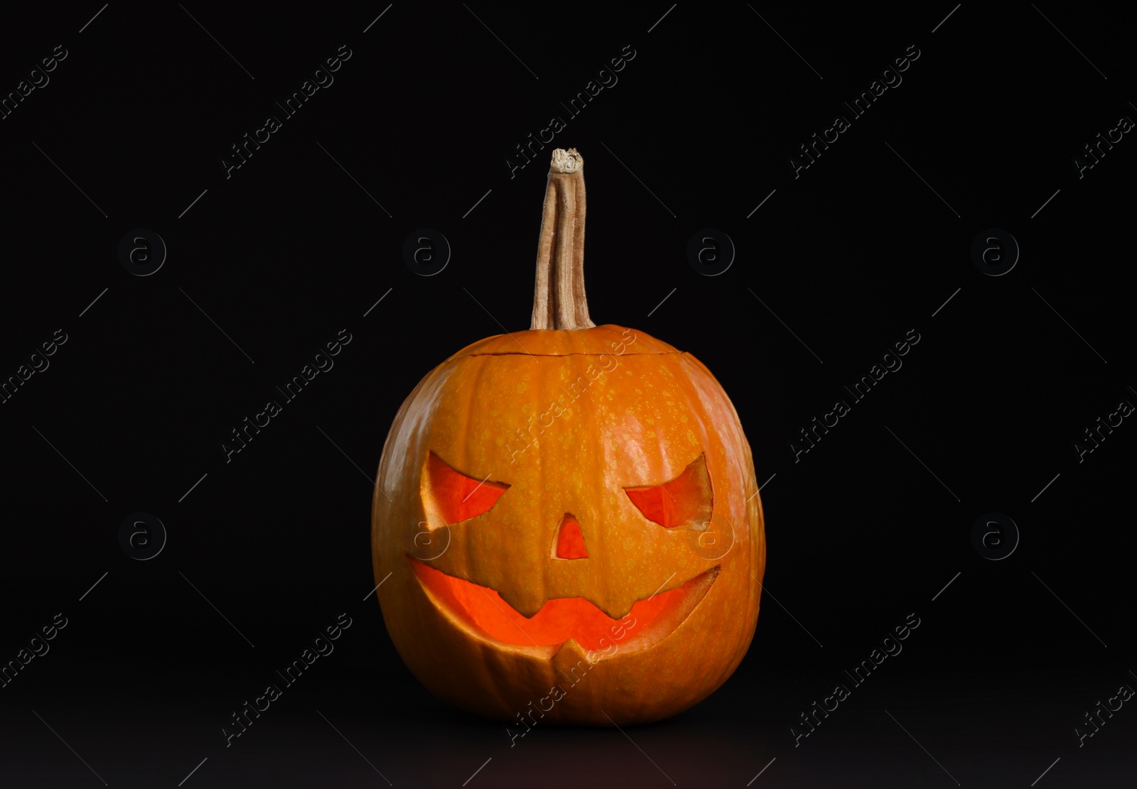 Photo of Pumpkin head on black background. Jack lantern - traditional Halloween decor