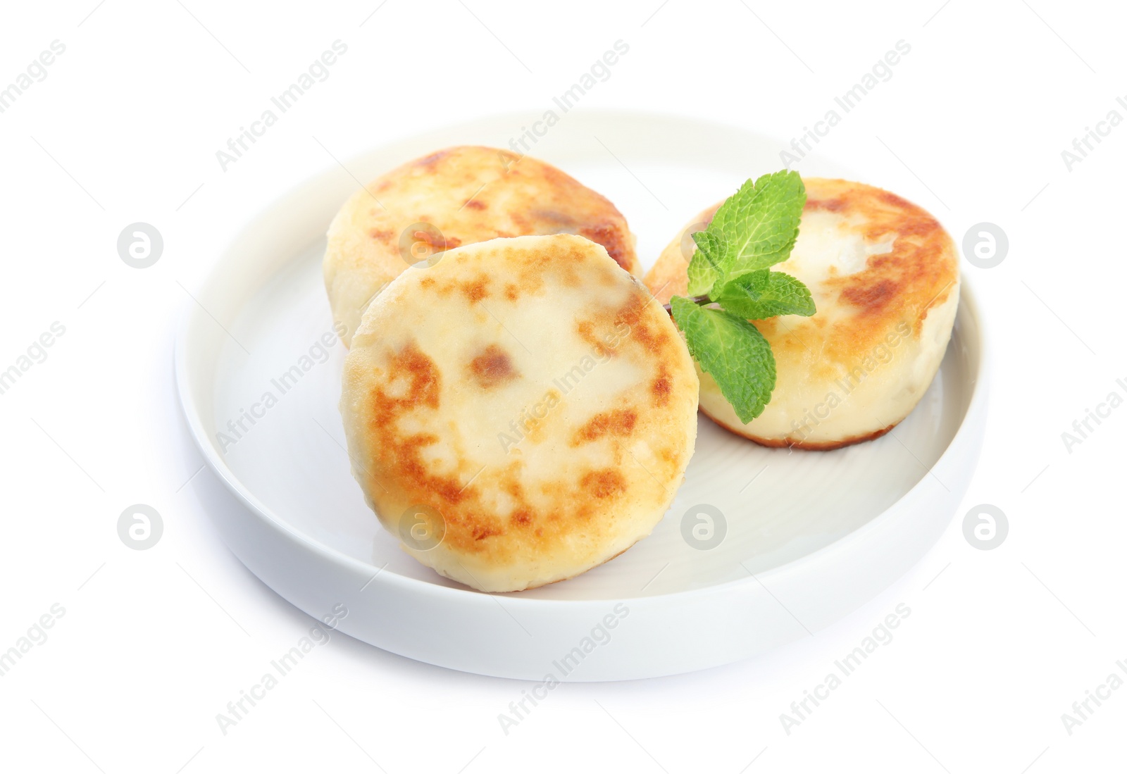 Photo of Delicious cottage cheese pancakes with mint isolated on white