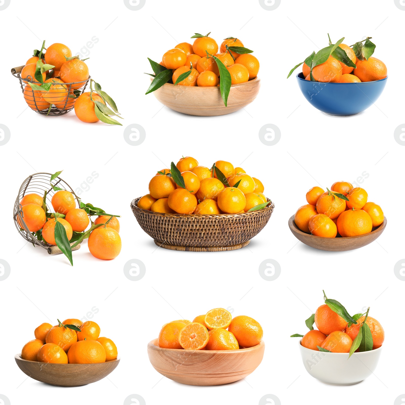 Image of Set of fresh ripe tangerines on white background