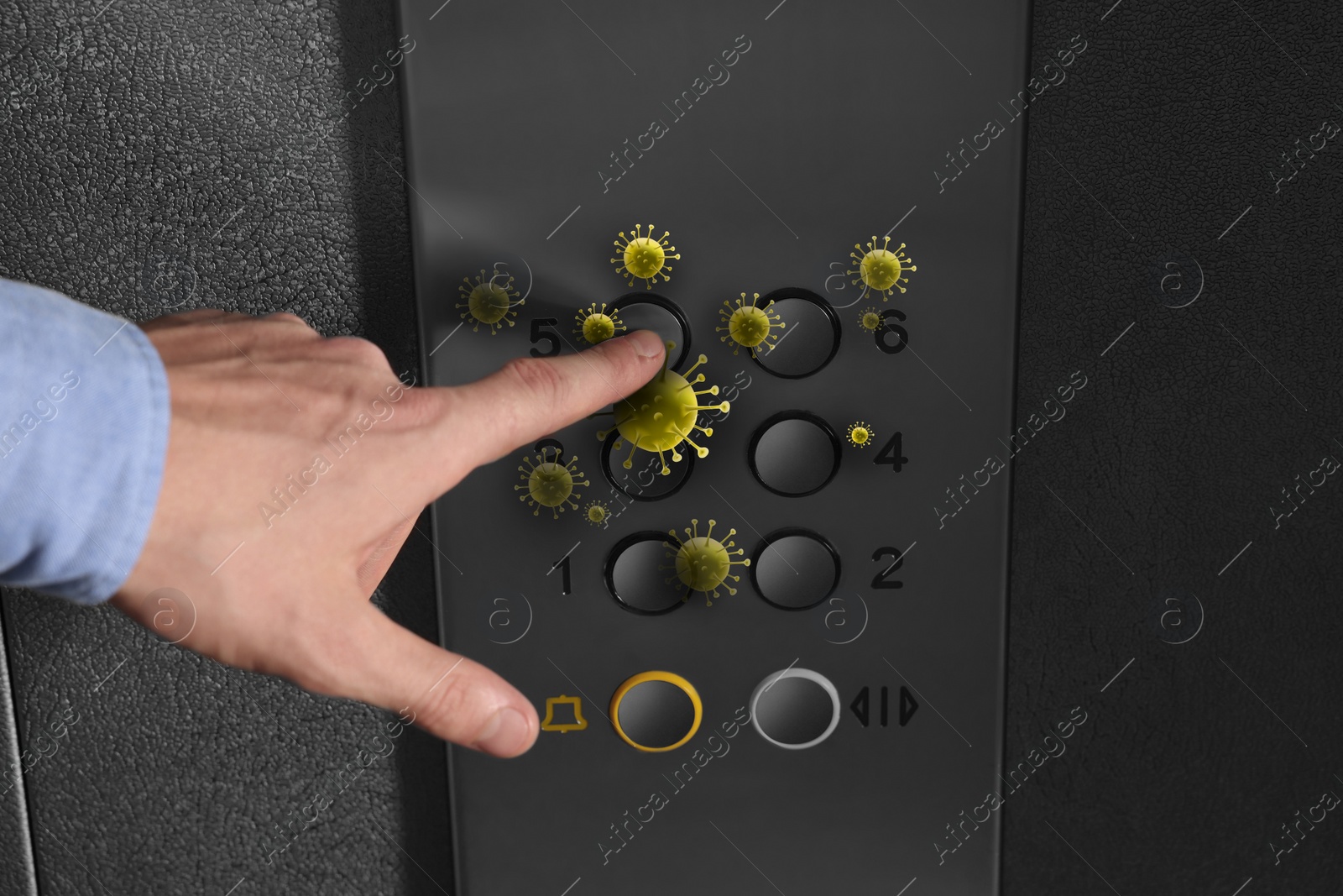 Image of Man press button in elevator with germs, closeup