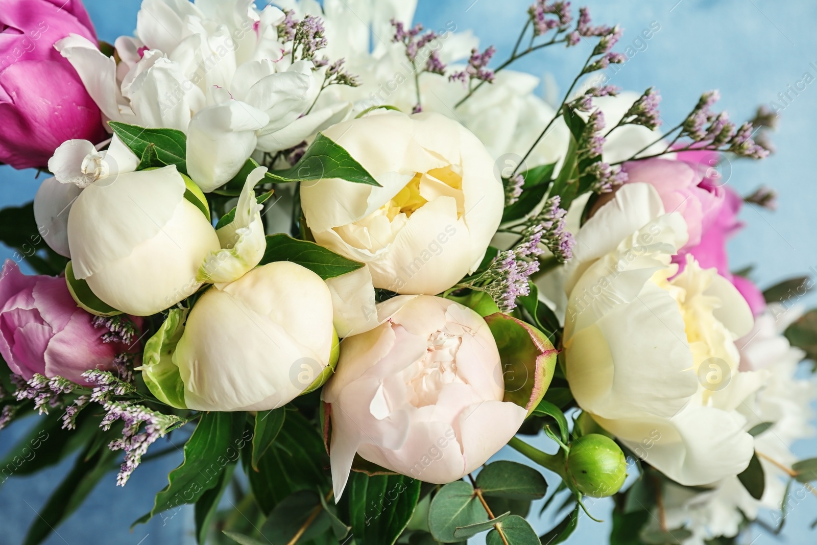 Photo of Bouquet with beautiful fragrant peony flowers, closeup