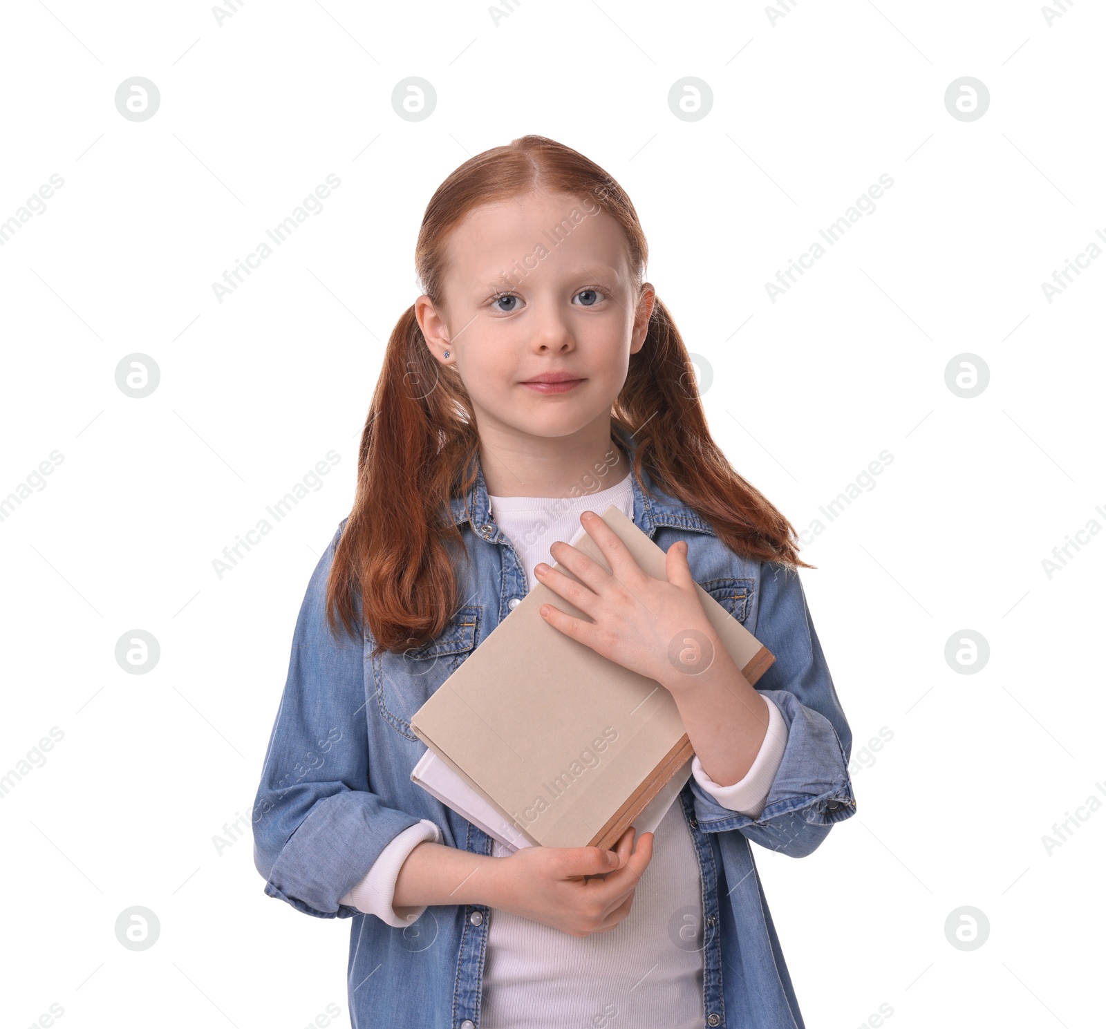 Photo of Cute little girl with books on white background