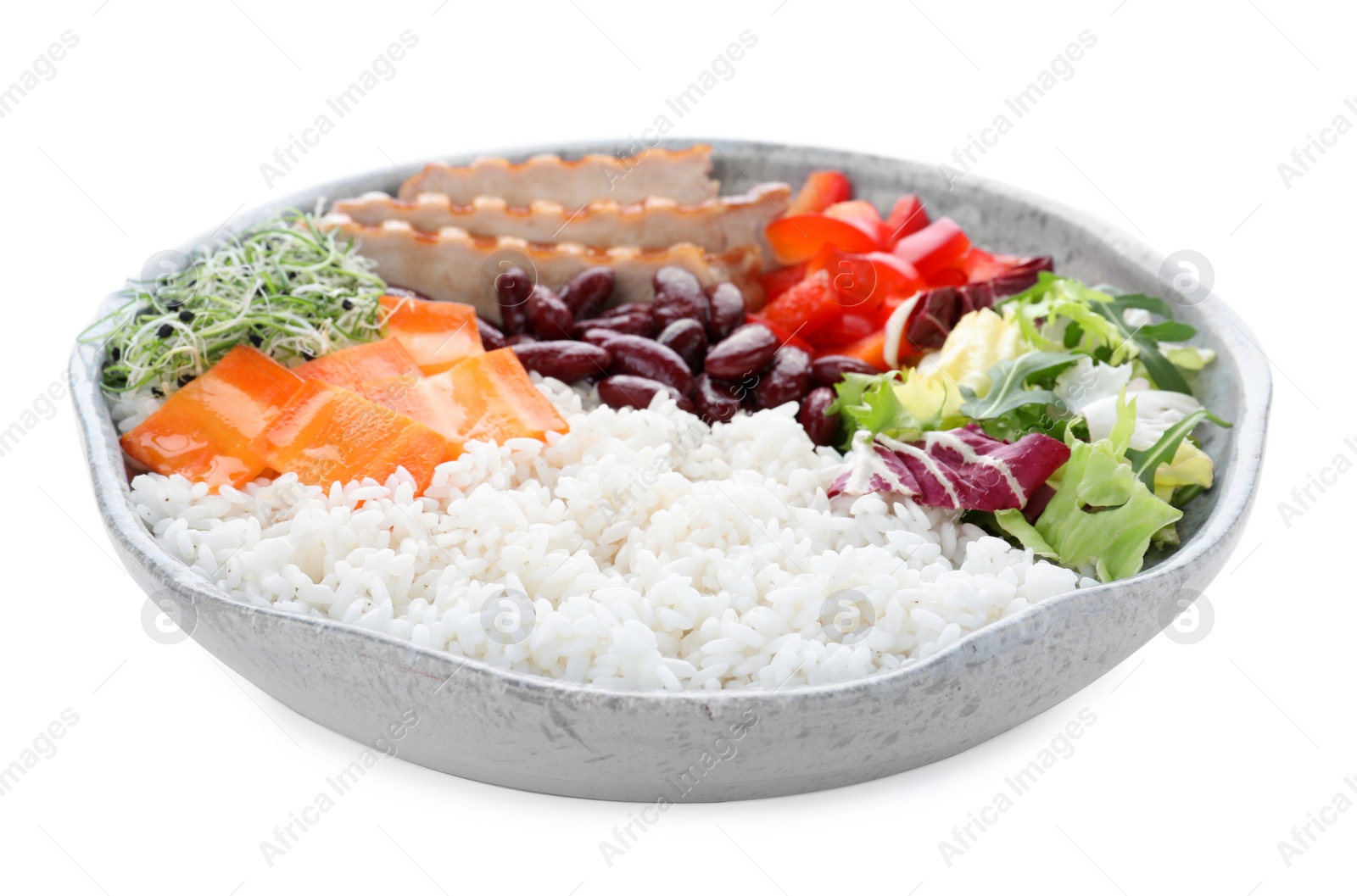 Photo of Tasty rice with beans, vegetables and meat isolated on white