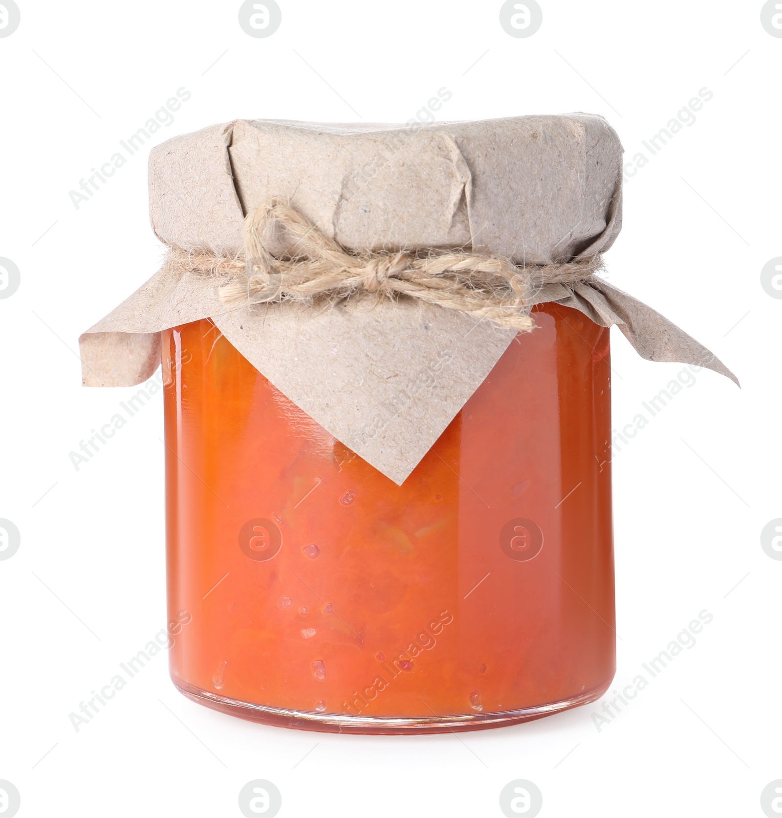 Photo of Jar of delicious pumpkin jam isolated on white