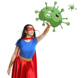 Image of Young woman wearing superhero costume fighting against viruses on white background