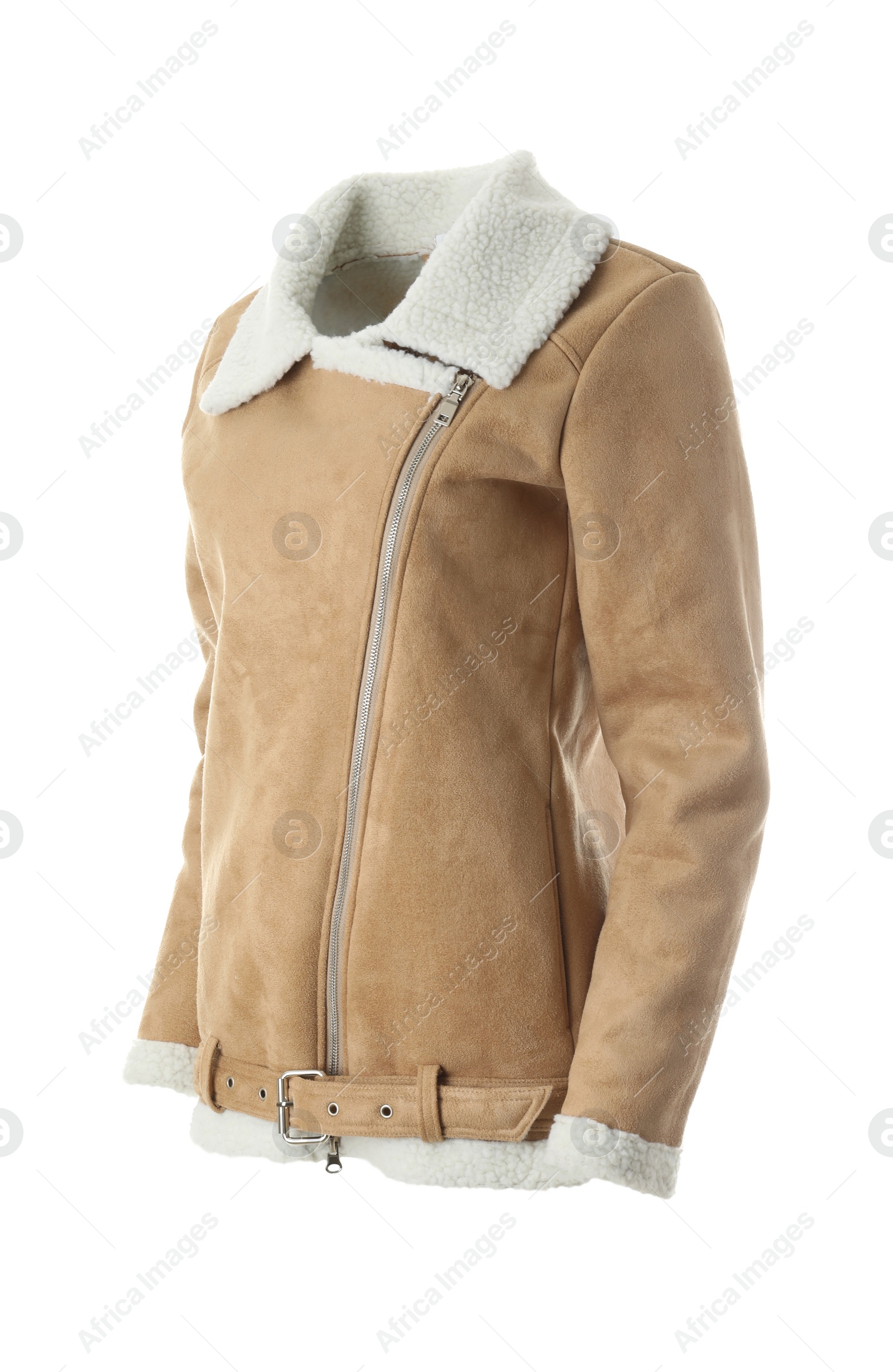 Photo of Modern stylish aviator jacket isolated on white